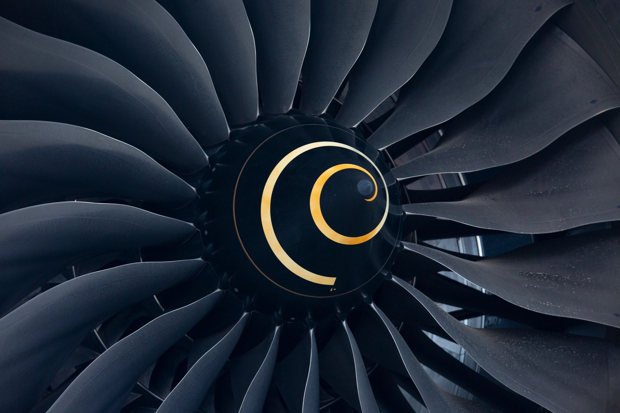 Close-up of commercial jet engine turbine