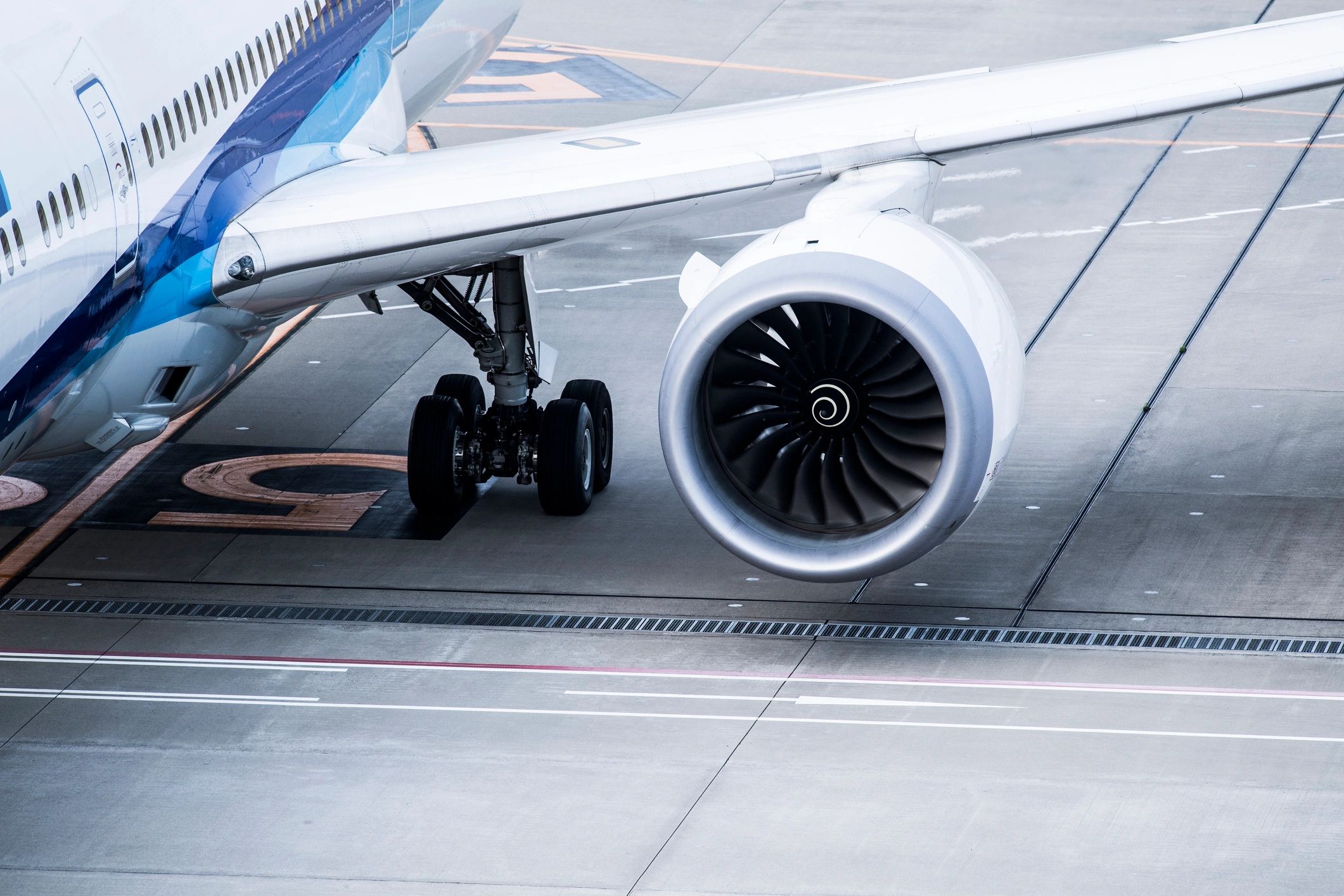 Close-up of commercial jet engine turbine